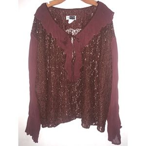 Citiculture Vintage Chestnut Brown Floral Laced Boho  1X/2X Blouse Tunic